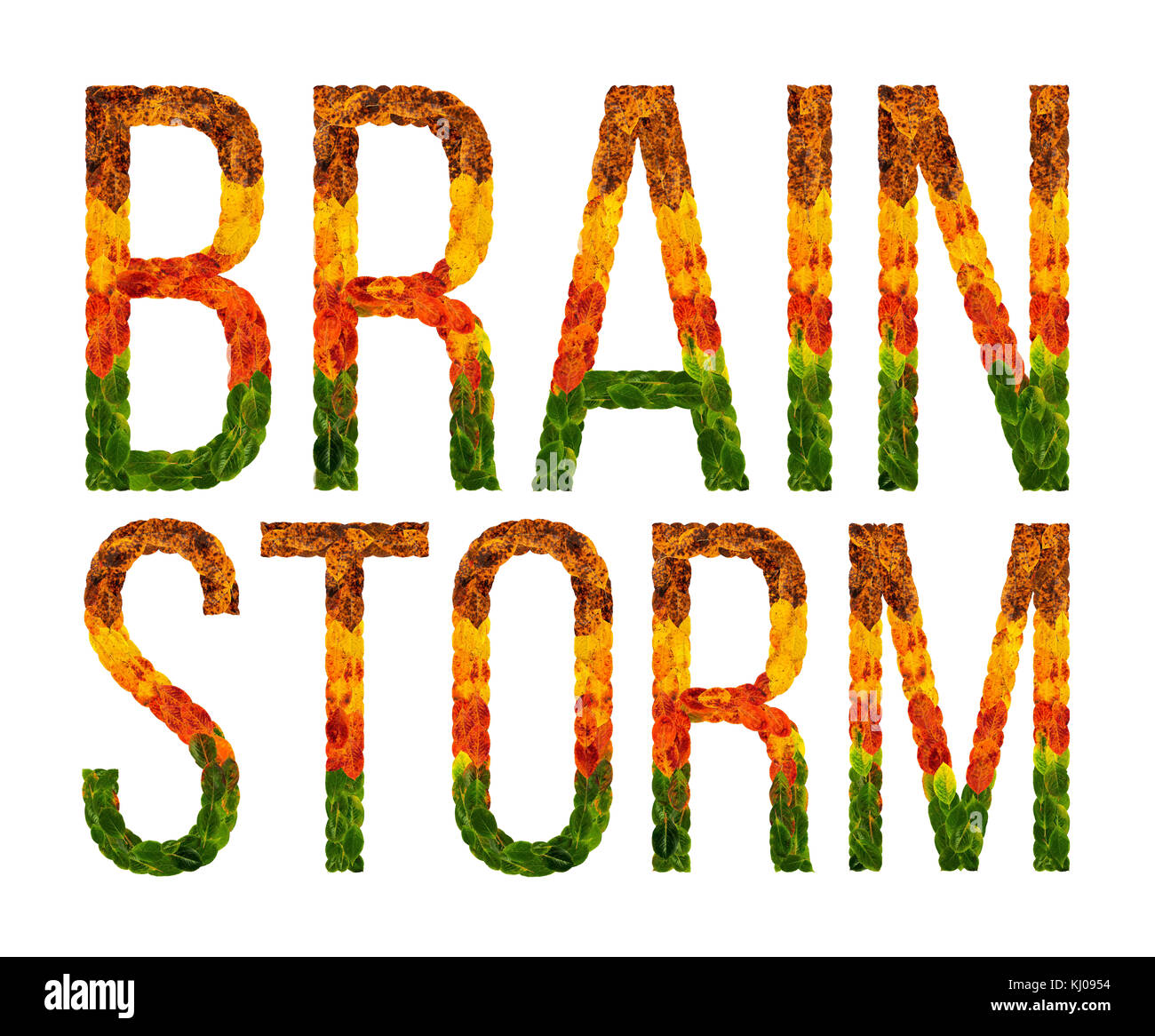 Wort Brainstorming mit Blättern weiß isoliert Hintergrund geschrieben, Banner für Drucken, kreative Darstellung von farbigen Blättern. Stockfoto