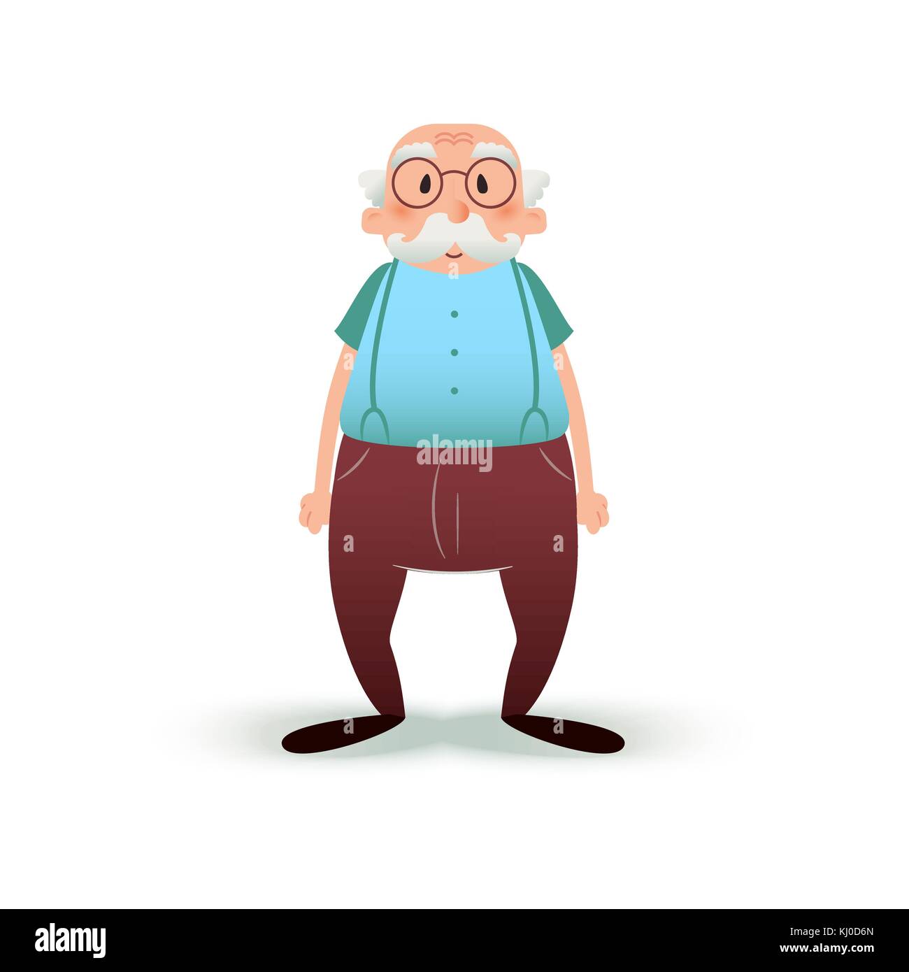 Lustige Cartoon alten Mann Charakter. Senior mit Brille und Schnurrbart. Großvater-Illustration isoliert auf weißem Hintergrund. Älterer Mann in Hosen auf Hosenträgern. Stock Vektor