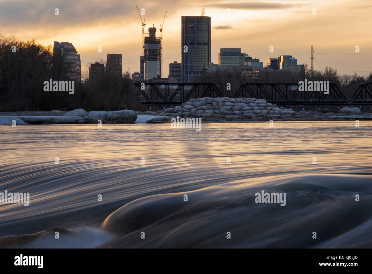 Calgary von den Bow River aus gesehen Stockfoto