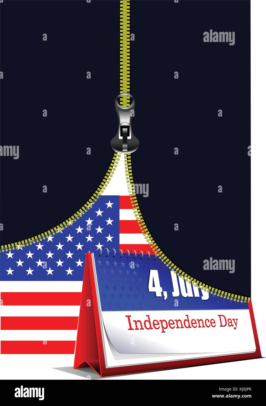 Reißverschluss öffnen USAFlagge mit Schreibtisch Kalender Bild. Vector Illustration Stock