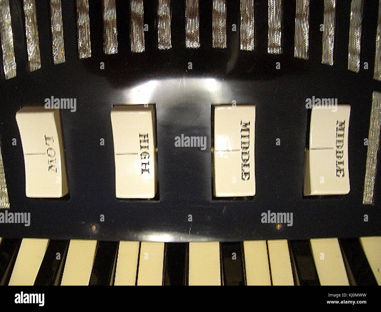 „Excelsior 00“ bezieht sich auf ein Element mit detaillierten Wippschaltern im Akkordeonstil. Diese Schalter sind Teil eines mechanischen Systems, das in der Regel in Vintage- oder Spezialmaschinen zu finden ist. Der Artikel zeichnet sich durch ein kompliziertes Design und mechanische Details aus. Stockfoto