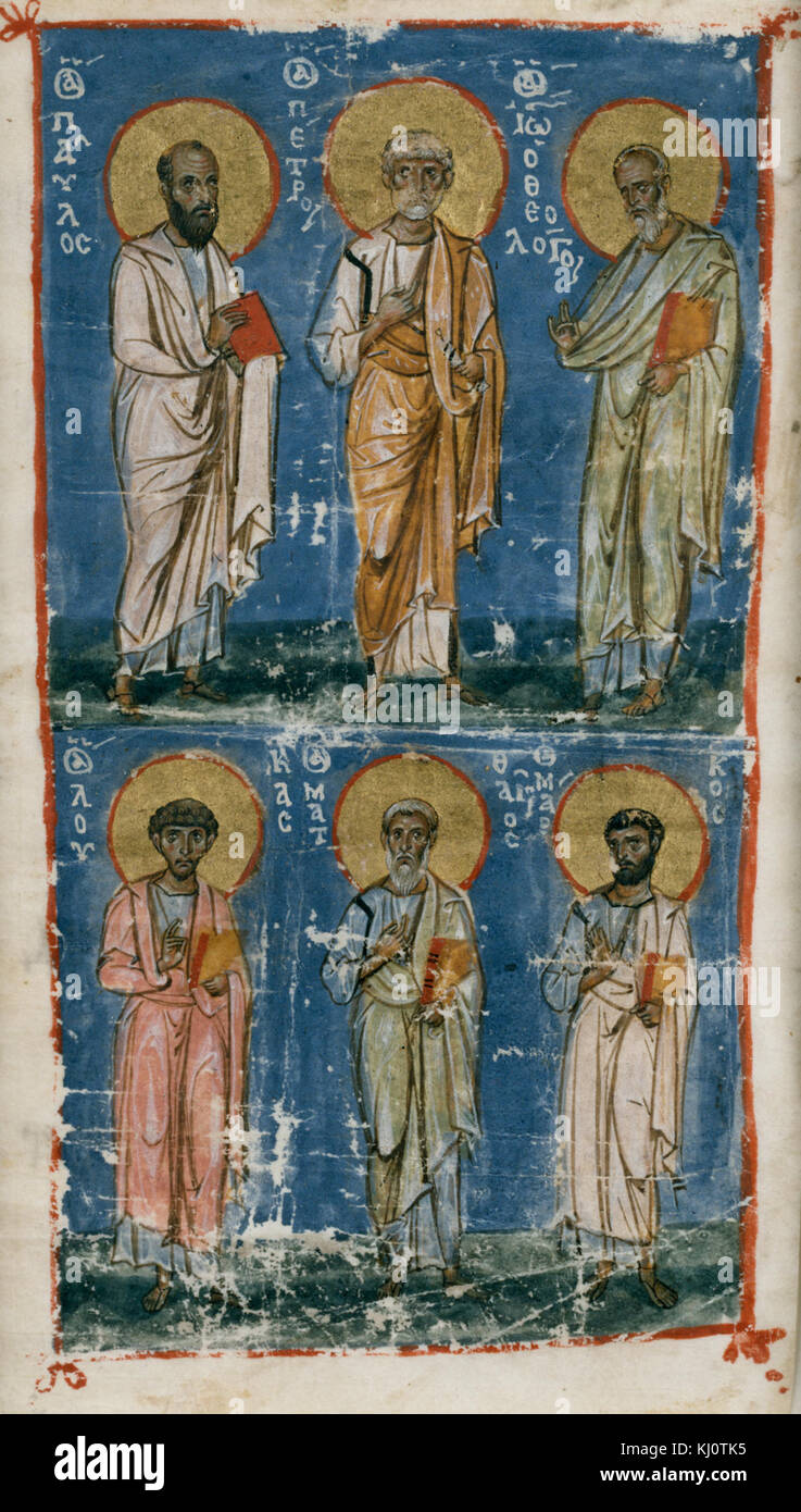 Byzantinisch - Miniatur mit den Aposteln Paulus und Petrus und dem Evangelisten Johannes, Lukas, Matthäus und Markus - Walters W530C Stockfoto