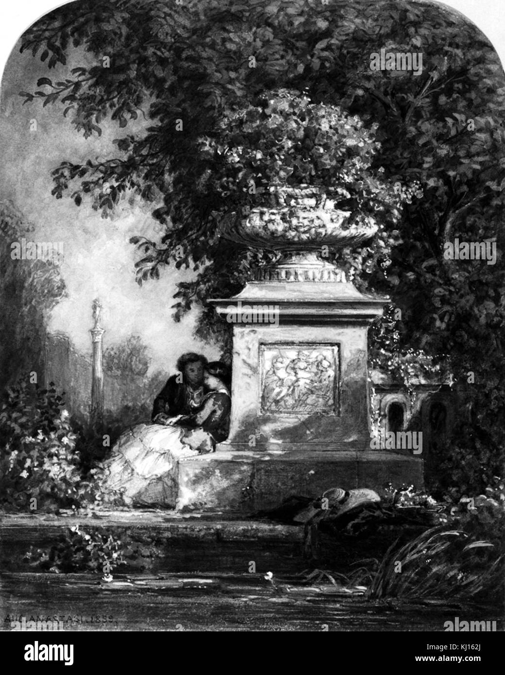 Ein Kunstwerk mit dem Titel „Courting in a Garden“ von Auguste Paul Charles Anastasi, das eine intime Outdoor-Szene sozialer Interaktion darstellt und die französische Romantik und Gartenkultur des 19. Jahrhunderts veranschaulicht. Stockfoto