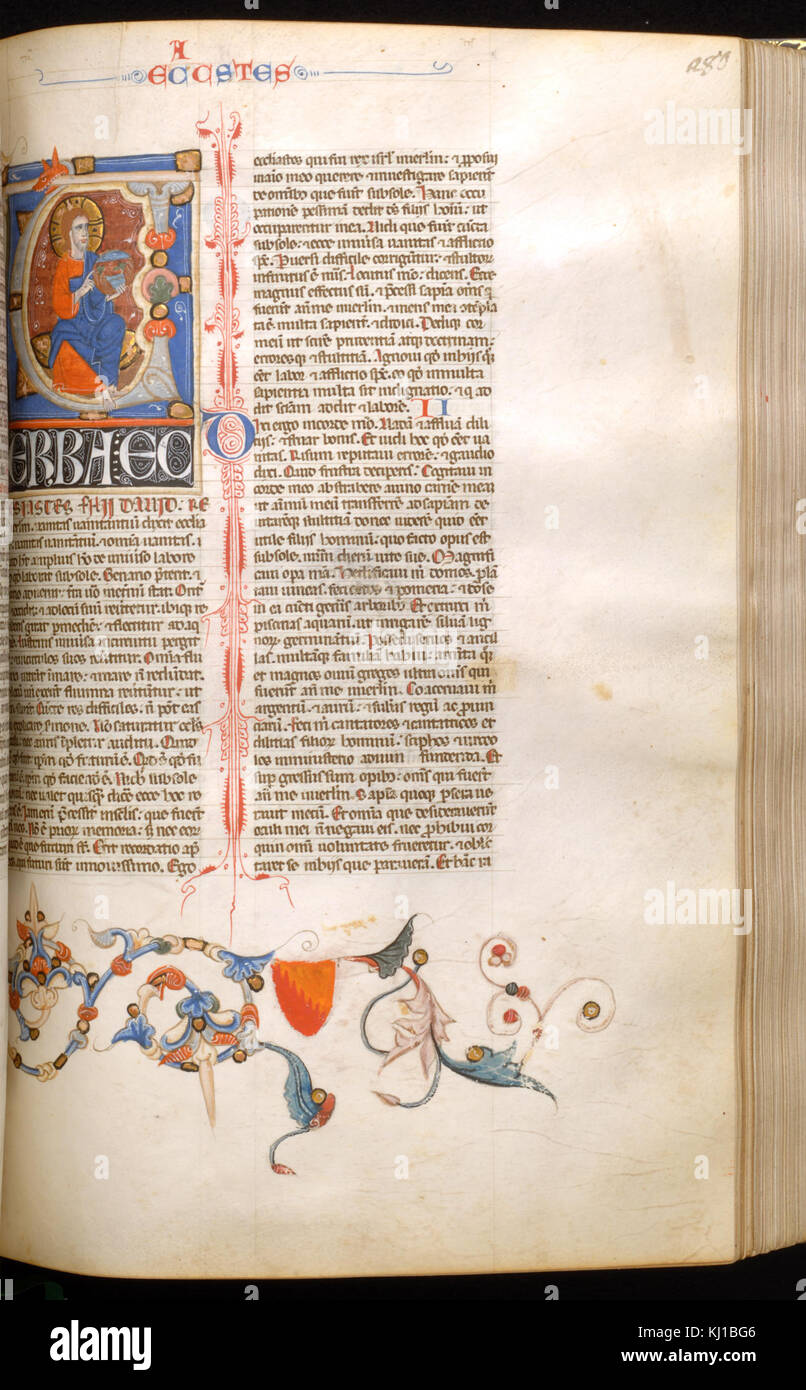 Dieses Bild zeigt eine Miniatur-Illustration aus der Bentivoglio-Bibel, die den Heiligen Alessio in Bigiano darstellt. Das Kunstwerk ist ein Schlüsselbeispiel für mittelalterliche Manuskriptkunst und zeigt religiöse Ikonographie und kompliziertes Manuskriptdesign. Stockfoto Dieses Bild zeigt eine Miniatur-Illustration aus der Bentivoglio-Bibel, die den Heiligen Alessio in Bigiano darstellt. Das Kunstwerk ist ein Schlüsselbeispiel für mittelalterliche Manuskriptkunst und zeigt religiöse Ikonographie und kompliziertes Manuskriptdesign. Stockfoto