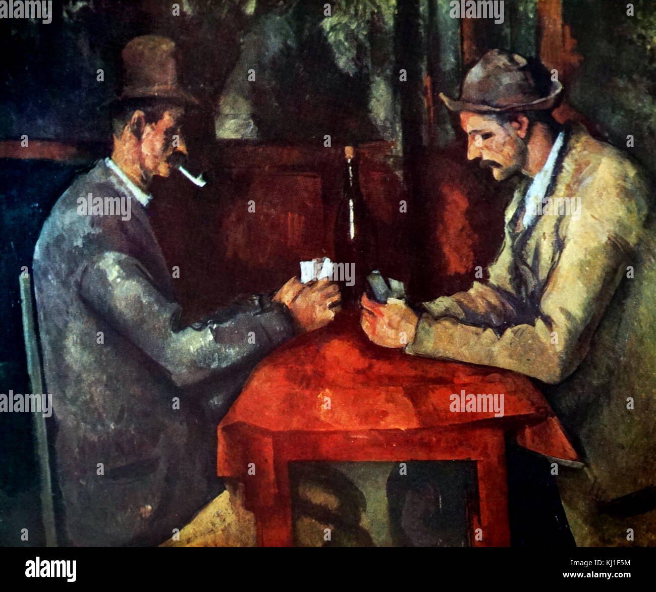 Die Karte Spieler 1890-92, der von dem französischen Post-Impressionist Künstler, Paul Cézanne. Während des abschließenden Cézannes Zeitraum in den frühen 1890er Jahren gemalt, Es gibt fünf Bilder in der Serie. Die Karte Spieler (Louvre), stellt Männer spielen Karten in einem Café. In dieser Version, die Flasche auf den Tisch, mit seinen strahlend weißen markieren, teilt die Zusammensetzung in zwei, die Aufmerksamkeit auf die hellen und dunklen Tonarten der Kleidung der beiden Zahlen. Stockfoto