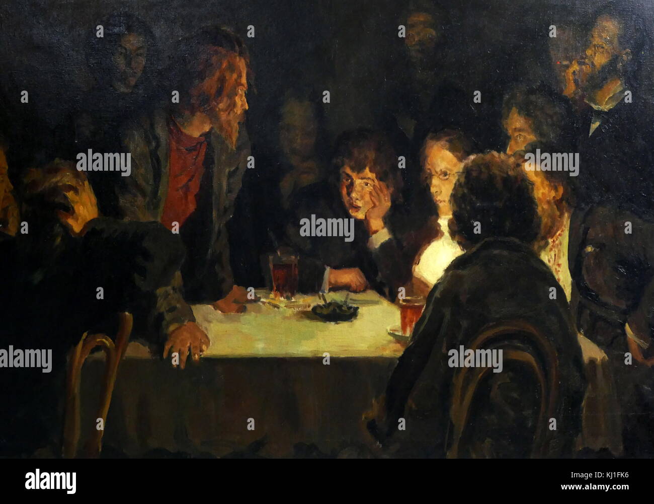 Der Terroristen. Durch die russische Künstler, Kazmichev gemalt. [1930]. Zeigt die russischen Revolutionäre treffen in der Nacht gegen den Zar Nikolaus II. zu plotten Stockfoto
