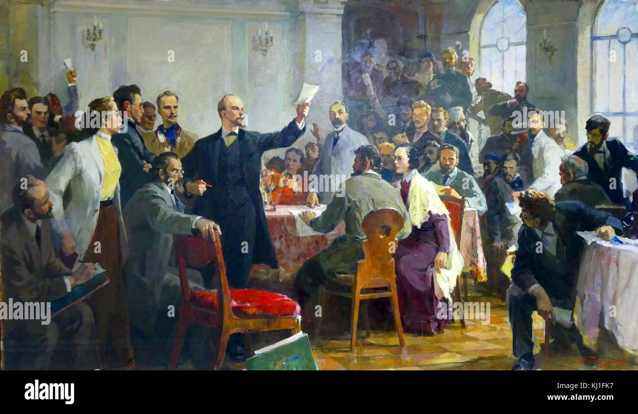 Wladimir Lenin Adressierung der zweite russische Kommunistische Partei Kongress 1903. Durch Gulyaev gemalt. 1950, Öl auf Leinwand. Der zweite Parteitag wurde am 17. Juli - 10. August 1903 in Brüssel und London. Das Organisationskomitee mit direkter Beteiligung von Lenin hielt einen Job für die Auswahl der gewünschten Zusammensetzung der Delegierten, einladend oder nicht einladend zum Kongress der Vertreter der sozialdemokratischen Organisation. Stockfoto