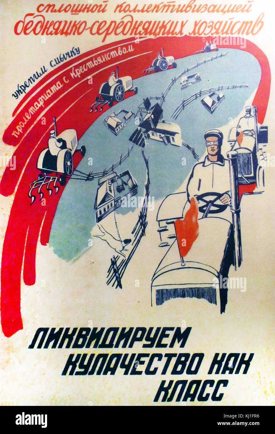 Die sowjetische Propaganda Poster anspruchsvolle Landwirte rid der Kulaken zu erhalten. 1930. Kulaken waren wohlhabende Bauern in den späteren Russischen Reich, der Sowjetunion und der frühen Sowjetunion. Während der Jahre 1929 bis 1933, Stalins Führung der gesamten Kampagne die Bauernschaft zu kollektivieren bedeute, dass "Bauern mit ein paar Kühe oder fünf oder sechs Hektar mehr als ihre Nachbarn" gekennzeichnet wurden, "Kulaken" Stockfoto