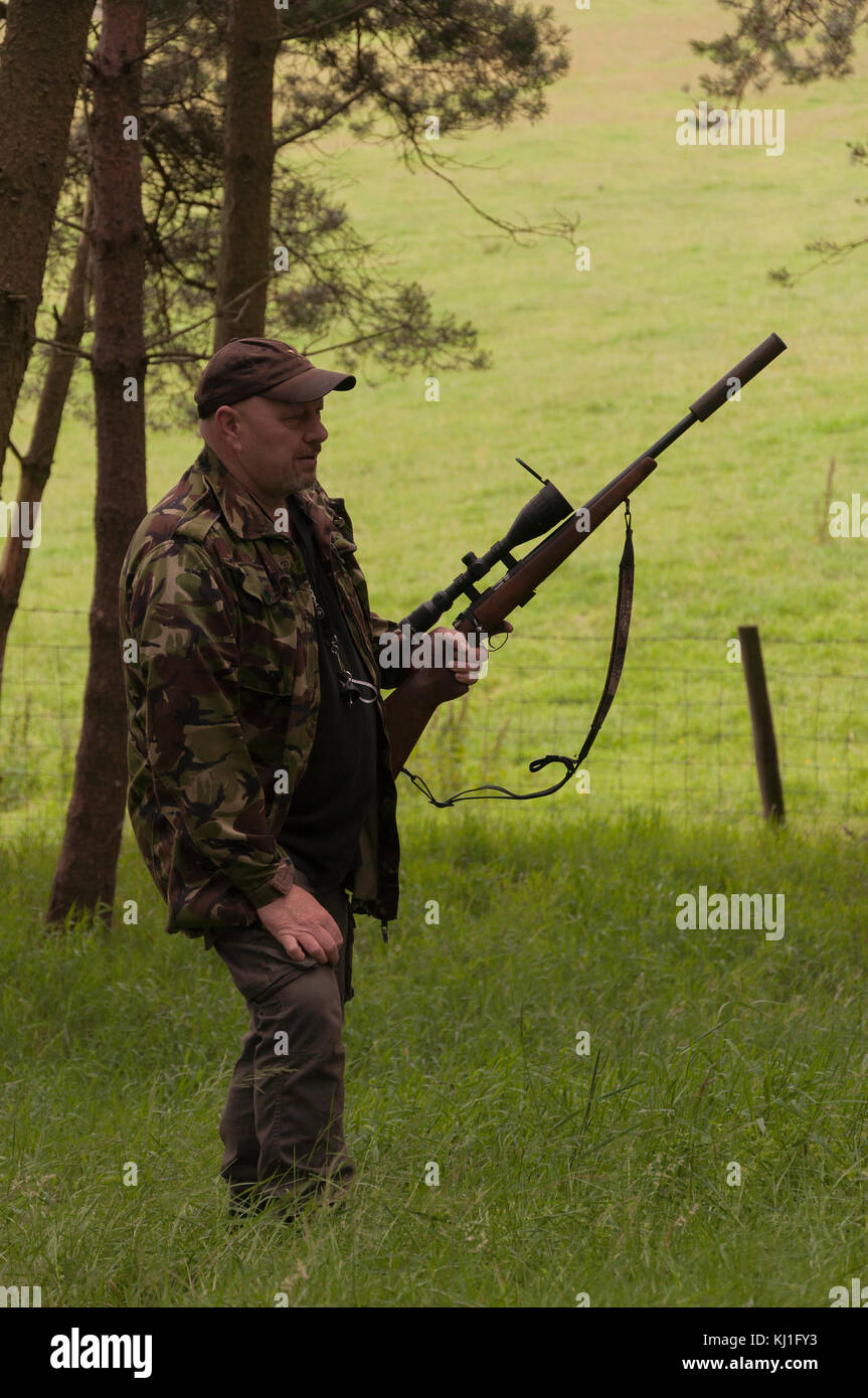 Ein Mann, der Ungeziefer auf Farmen in Weardale kontrolliert, in einem kleinen Waldgebiet steht und zuhört und beobachtet, ein Geschoßgewehr hält und zum Schweigen gebracht wird. Stockfoto