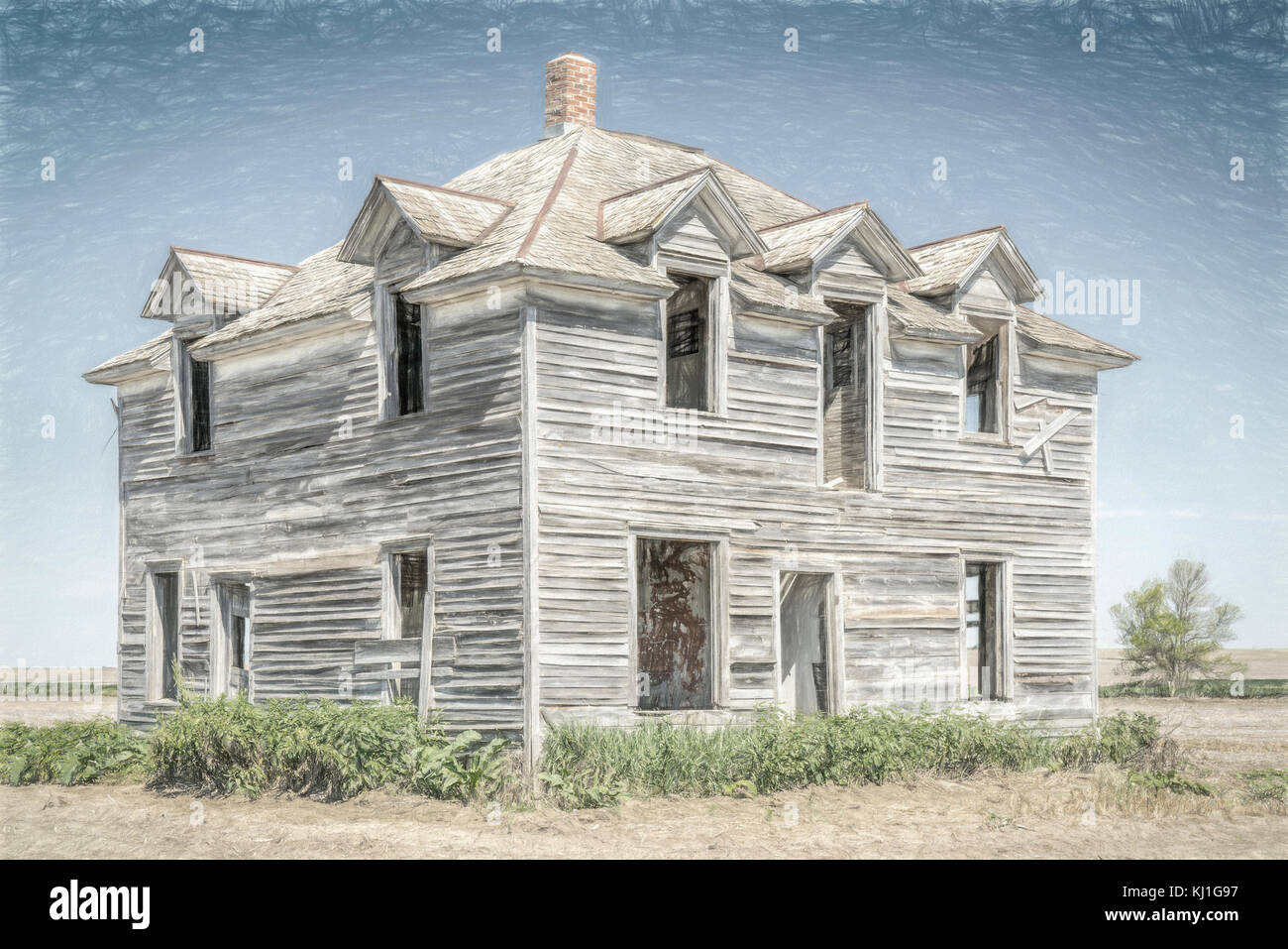Altes Haus in ländlichen Nebraska in der Mitte eines Feldes, digitale Kohle Malerei Wirkung verlassen Stockfoto