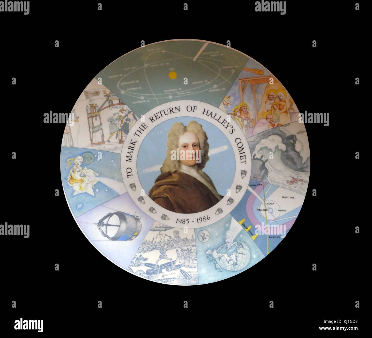 Portrait von Sir Edmund Halley auf einem Erinnerungs-teller die Rückkehr des Halleyschen Kometen 185-86 zu markieren Stockfoto