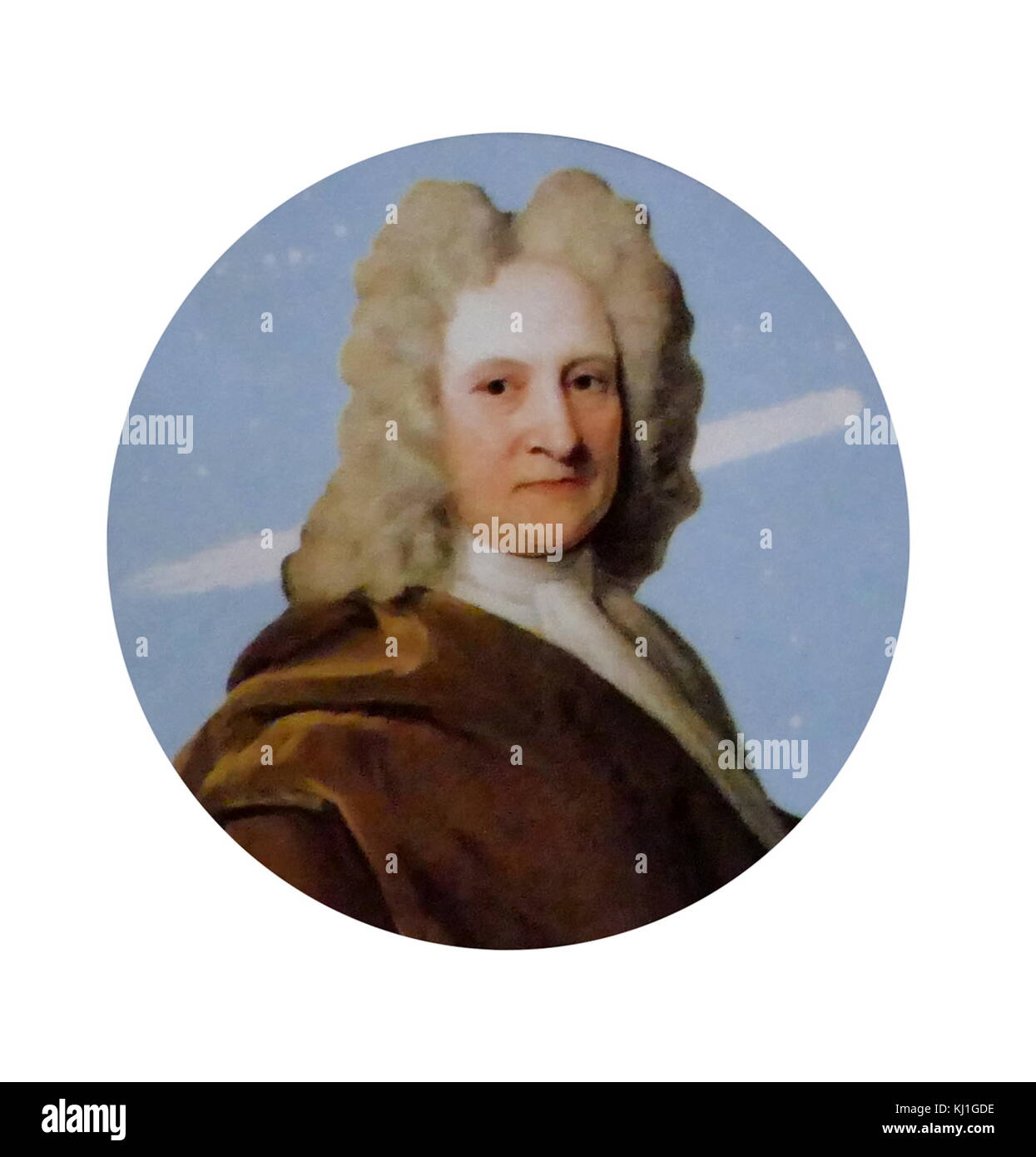 Portrait von Sir Edmund Halley auf einem Erinnerungs-teller die Rückkehr des Halleyschen Kometen 185-86 zu markieren Stockfoto