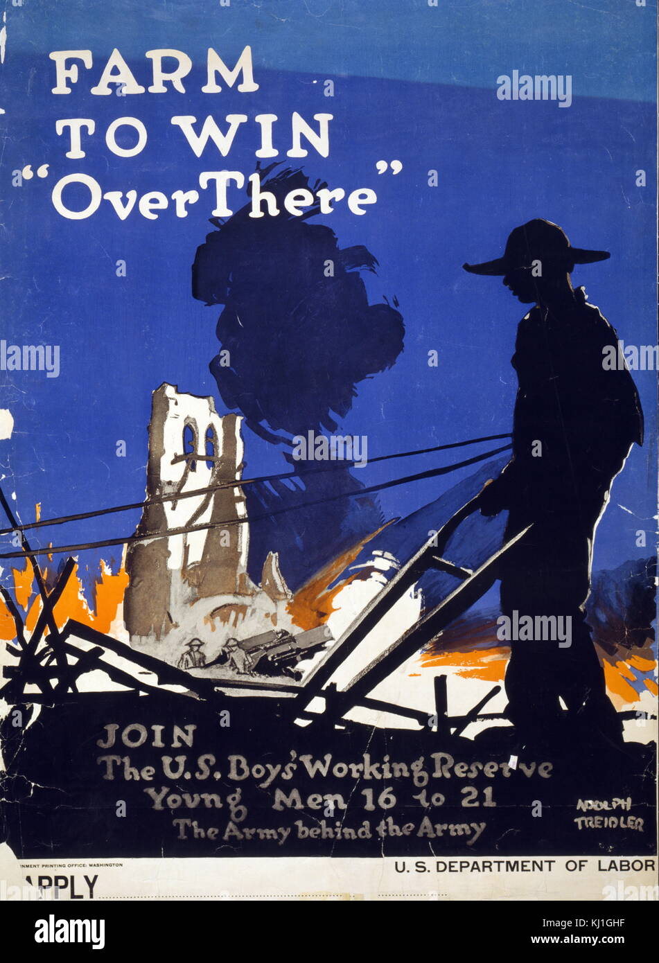 Propaganda Poster' Farm über um zu gewinnen - Beteiligen Sie sich an der US-Boys Woking finden junge Männer von 16 bis 21 'US Army, Erster Weltkrieg 1917 Stockfoto