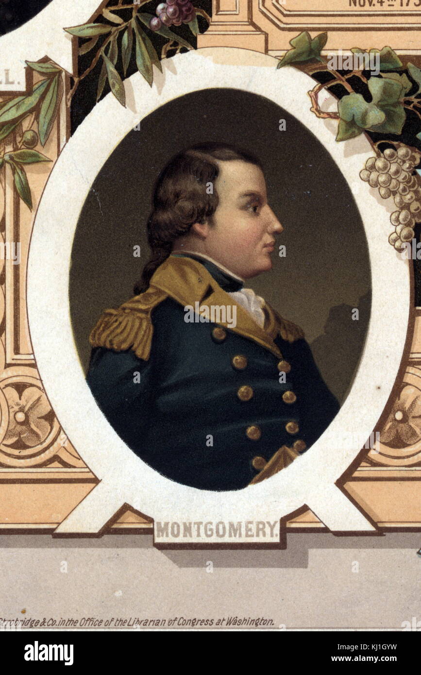 Richard Montgomery (2. Dezember 1738 bis 31. Dezember 1775) war ein irischer geborene Soldat, der ersten in der Britischen Armee diente. Er wurde später ein Major General der Kontinentalarmee im Amerikanischen Unabhängigkeitskrieg, und er ist berühmt für die Führung der fehlgeschlagenen Invasion 1775 von Kanada.. Von einer Abbildung von 1800, mit dem Titel 'Distinguished Maurer von der Revolution" Stockfoto