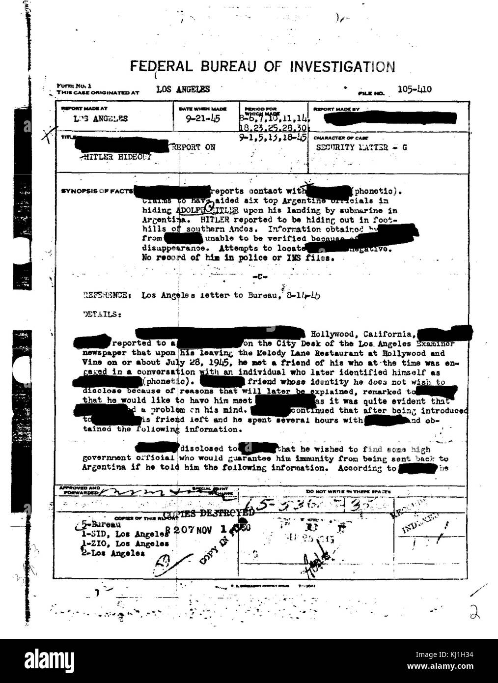 Freigegebenen FBI-Dokument, Nachweis der Escaper von Adolf Hitler im Jahre 1945 in Argentinien. Verschwörungstheorien über Adolf Hitlers Tod widersprechen, dass Adolf Hitler in seinem führerbunker Selbstmord am 30. April 1945 gebunden Stockfoto