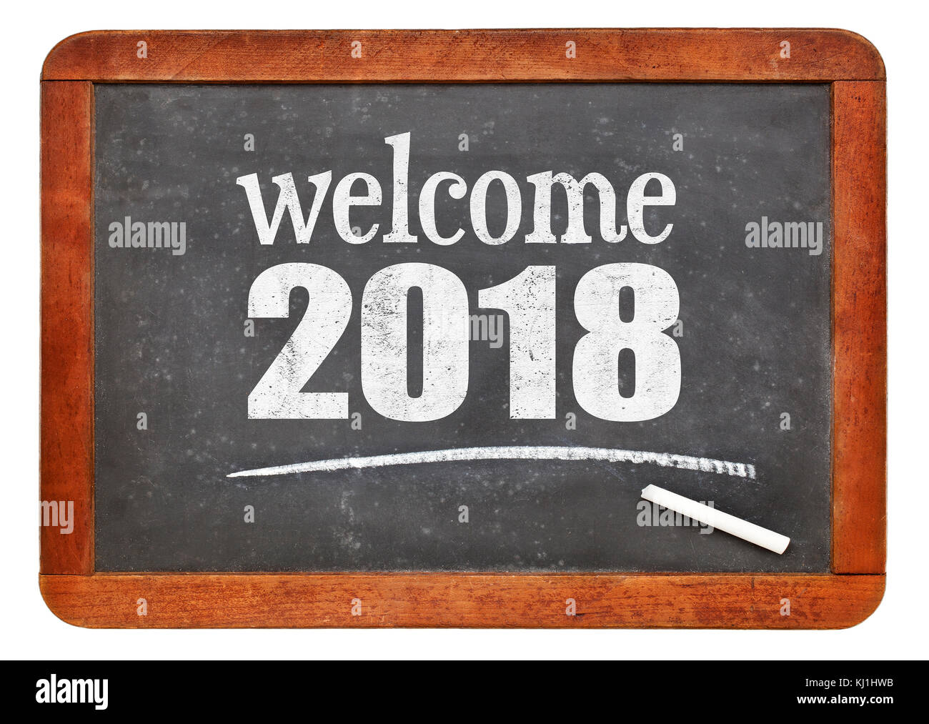 Willkommen 2018 - Neues Jahr Konzept auf einem Vintage schiefer Tafel isoliert auf weißem Stockfoto
