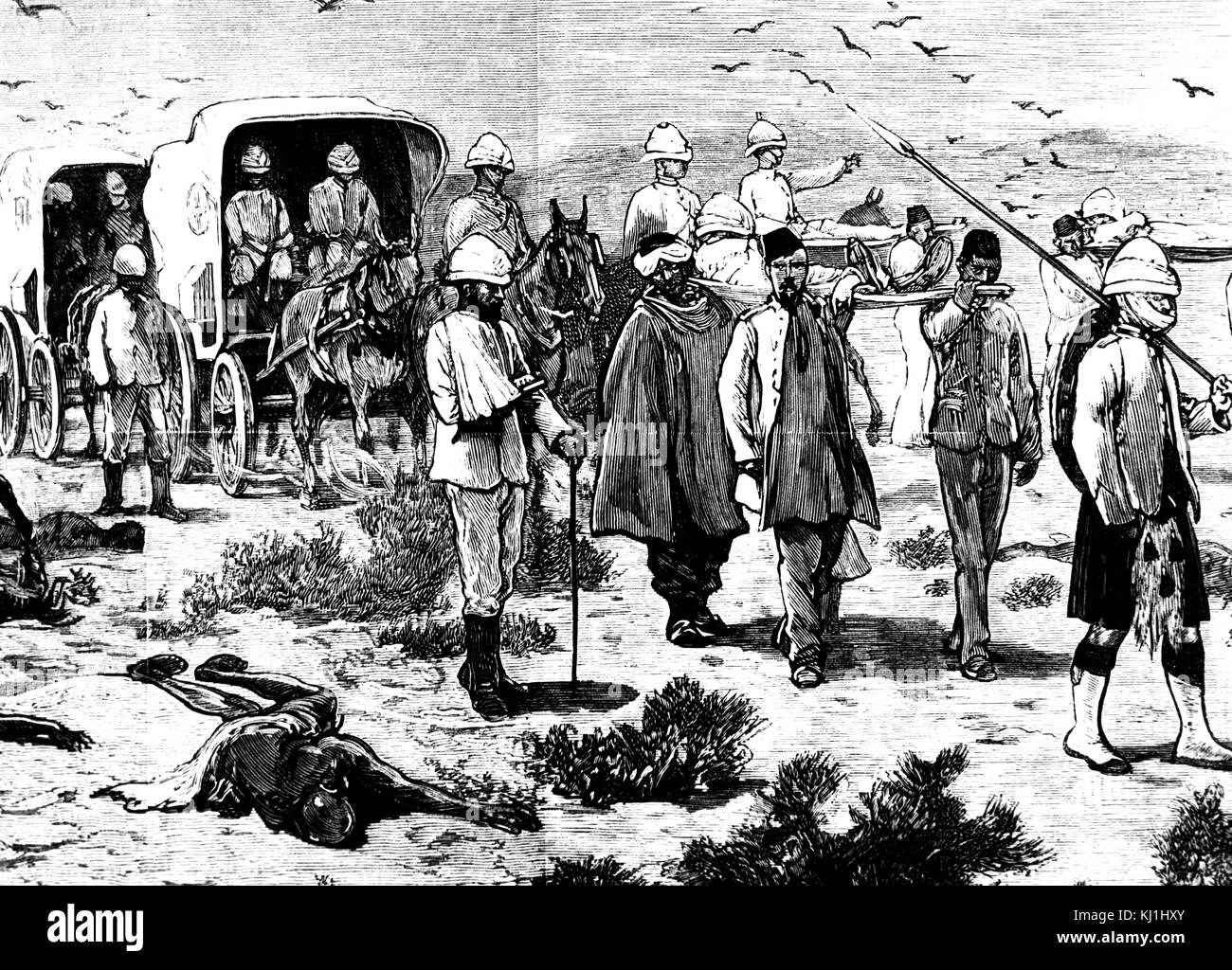 Gravur, die das Rote Kreuz Sammlung die verwundeten britischen nach der Zweiten Schlacht von teb im Sudan. Vom 19. Jahrhundert Stockfoto