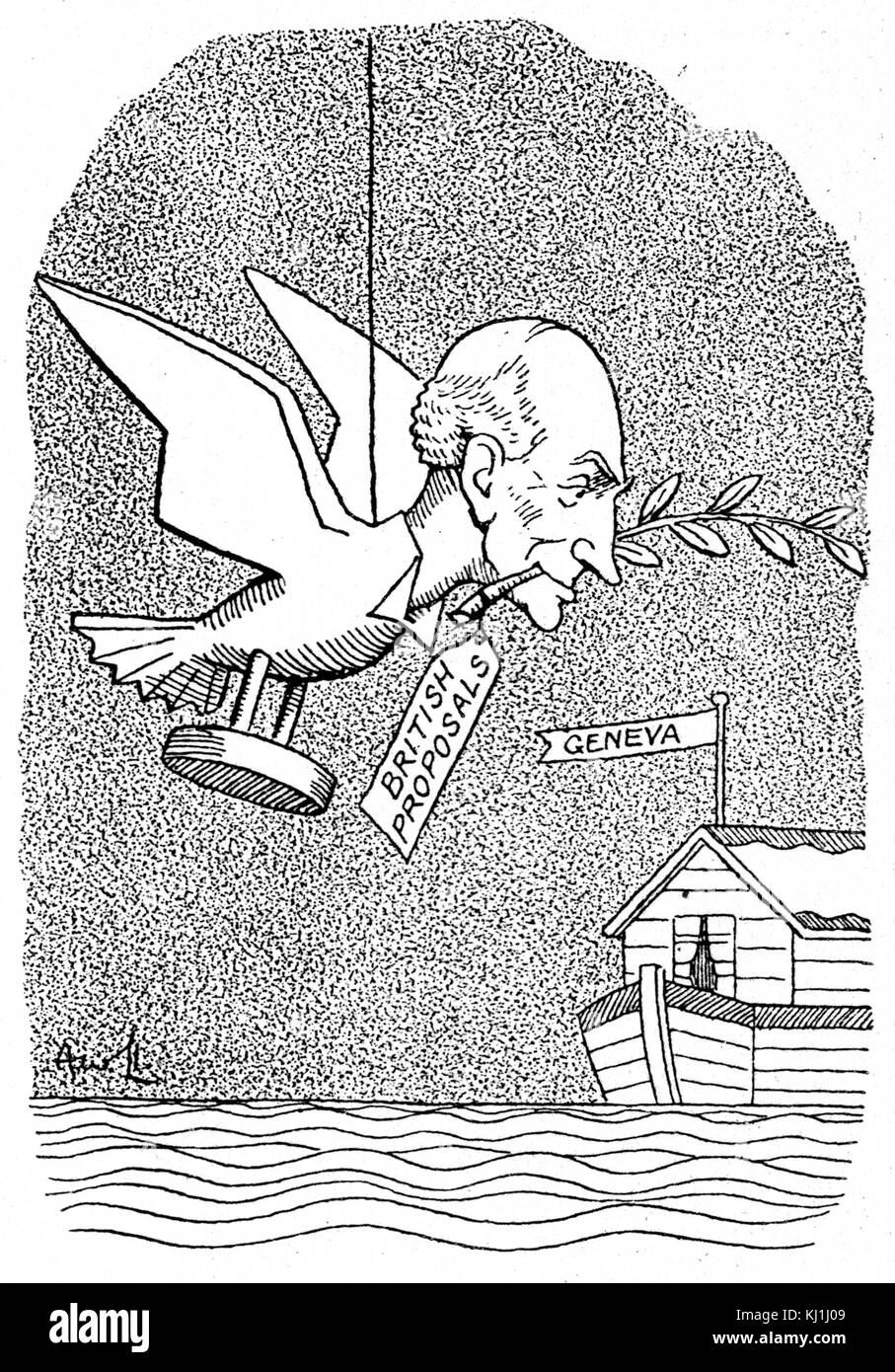 Satirische Karikatur, Johannes Allsebrook Simon, 1st Viscount Simon (1873-1954) ein britischer Politiker und Außenminister, die britischen Vorschläge zum Völkerbund in Genf. Vom 20. Jahrhundert Stockfoto