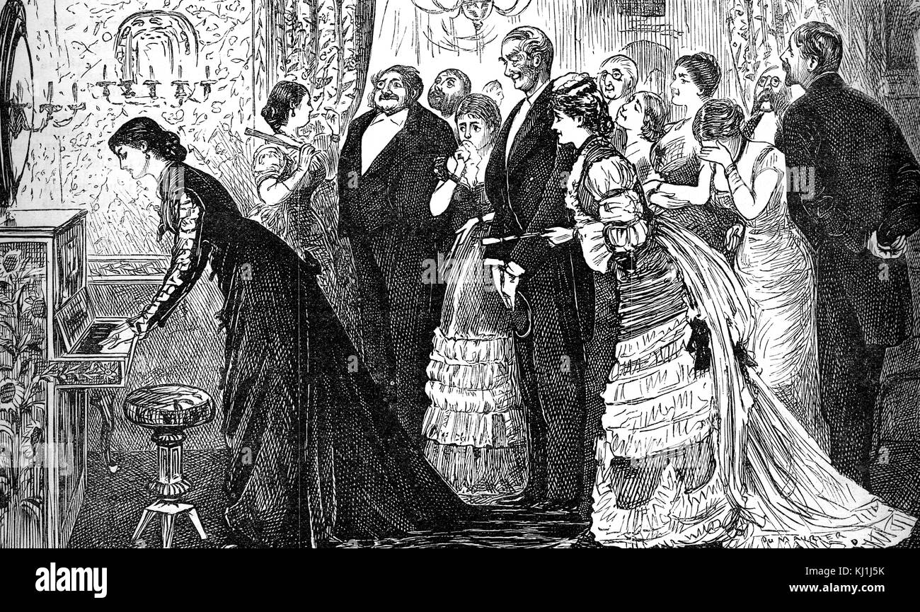 Gravur Darstellung einer Soirée in einem wohlhabenden Haus gehalten wird. Eine junge Musiker spielen auf der Klavier viel zum Schrecken des Hosts. Vom 19. Jahrhundert Stockfoto