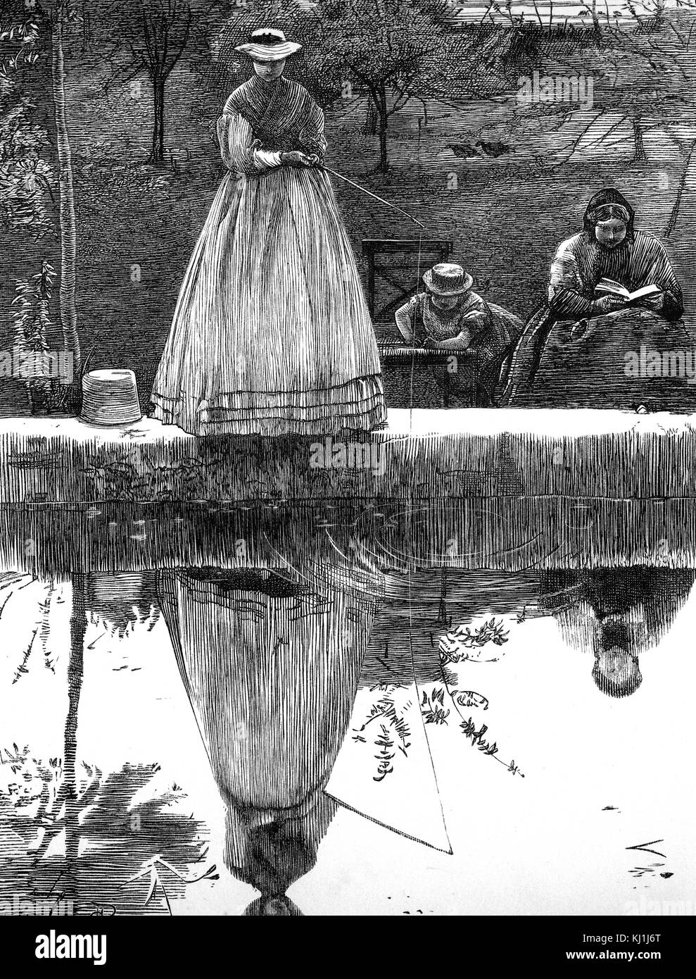 Abbildung: Darstellung einer Frau an ihr Spiegelbild im Wasser suchen, während Sie fischen. Mit Ill. von George John Pinwell (1842-1875) ein britischer Aquarell Maler. Vom 19. Jahrhundert Stockfoto