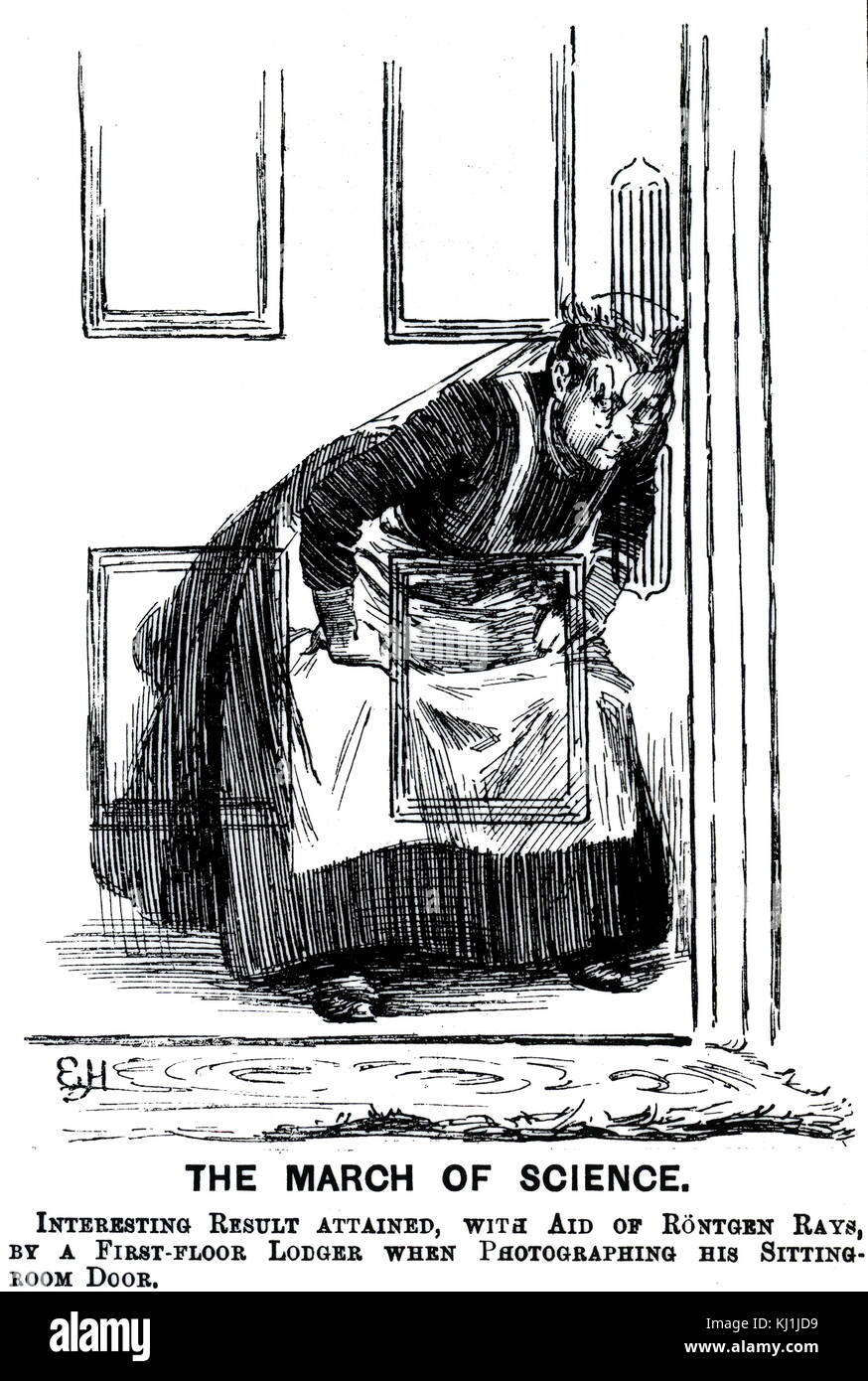 Cartoon erstellt kurz nach Ankündigung von Wilhelm Röntgen die Entdeckung der Röntgenstrahlen. Wilhelm Röntgen (1845-1923) eine Deutsch/Niederländische Maschinenbauer und Physiker. Vom 19. Jahrhundert Stockfoto