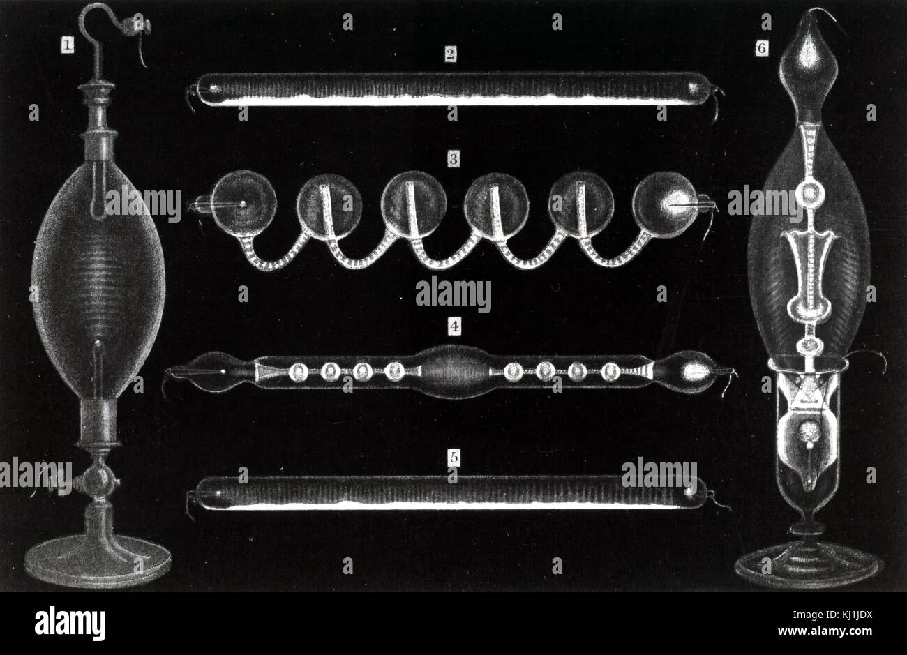 Kupferstich mit der Darstellung eines Geissler Röhre, einem frühen Gasentladungsableiter verwendet, um zu zeigen die Grundsätze der elektrischen Glimmentladung, ähnlich wie moderne Neon Beleuchtung. Von Heinrich Geißler (1814-1879) ein Deutscher Glasbläser, Physiker und Erfinder erfunden. Vom 19. Jahrhundert Stockfoto