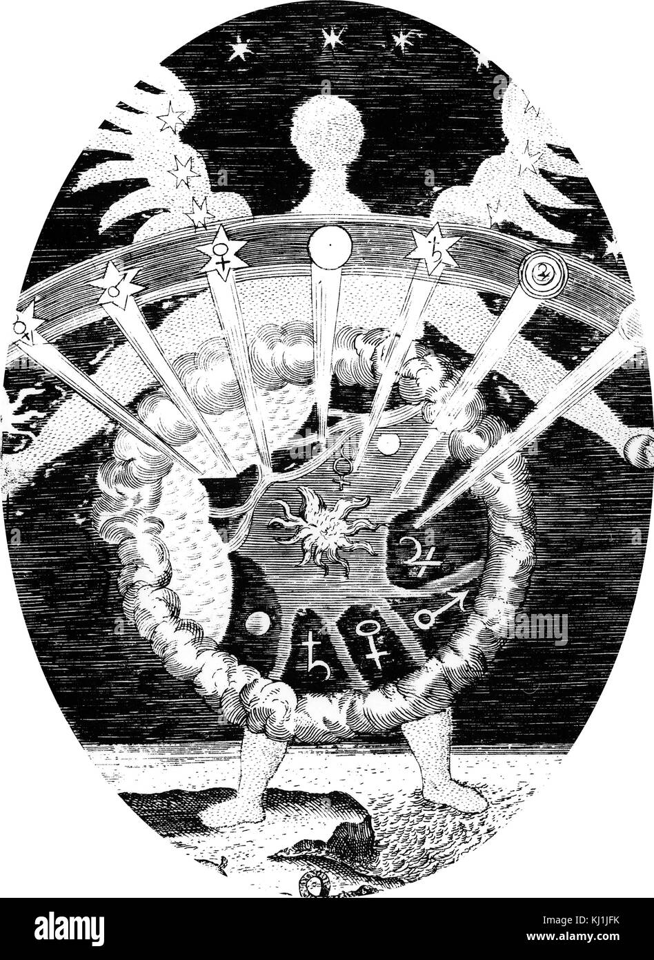 Titelblatt des ersten Buches von 'Magia Naturalis" (Der Ursachen von wunderbaren Dingen), zeigen die vier Elemente (Feuer, Wasser, Erde, Luft) und die sieben Planeten mit ihren zugehörigen Körpersäfte. Vom 16. Jahrhundert Stockfoto
