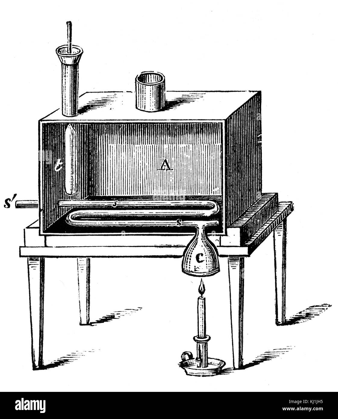 Gravur, Rumford des Kalorimeters, die er verwendet, um die Menge an Wärme, die durch Verbrennung entstehen zu bestimmen. Vom 19. Jahrhundert Stockfoto