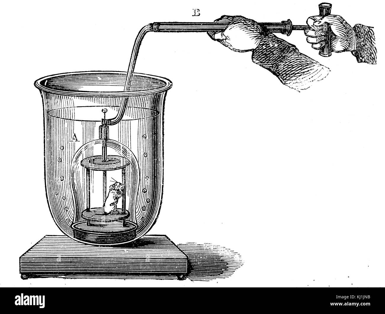Kupferstich mit der Darstellung eines Miniatur Taucherglocke, die zeigen, wie ein brennwertkessel Pumpe Luft auf ein umgedrehtes Schiff umgeben von Wasser liefern können, die überschüssige Luft entweicht als blasen von unten. Vom 19. Jahrhundert Stockfoto