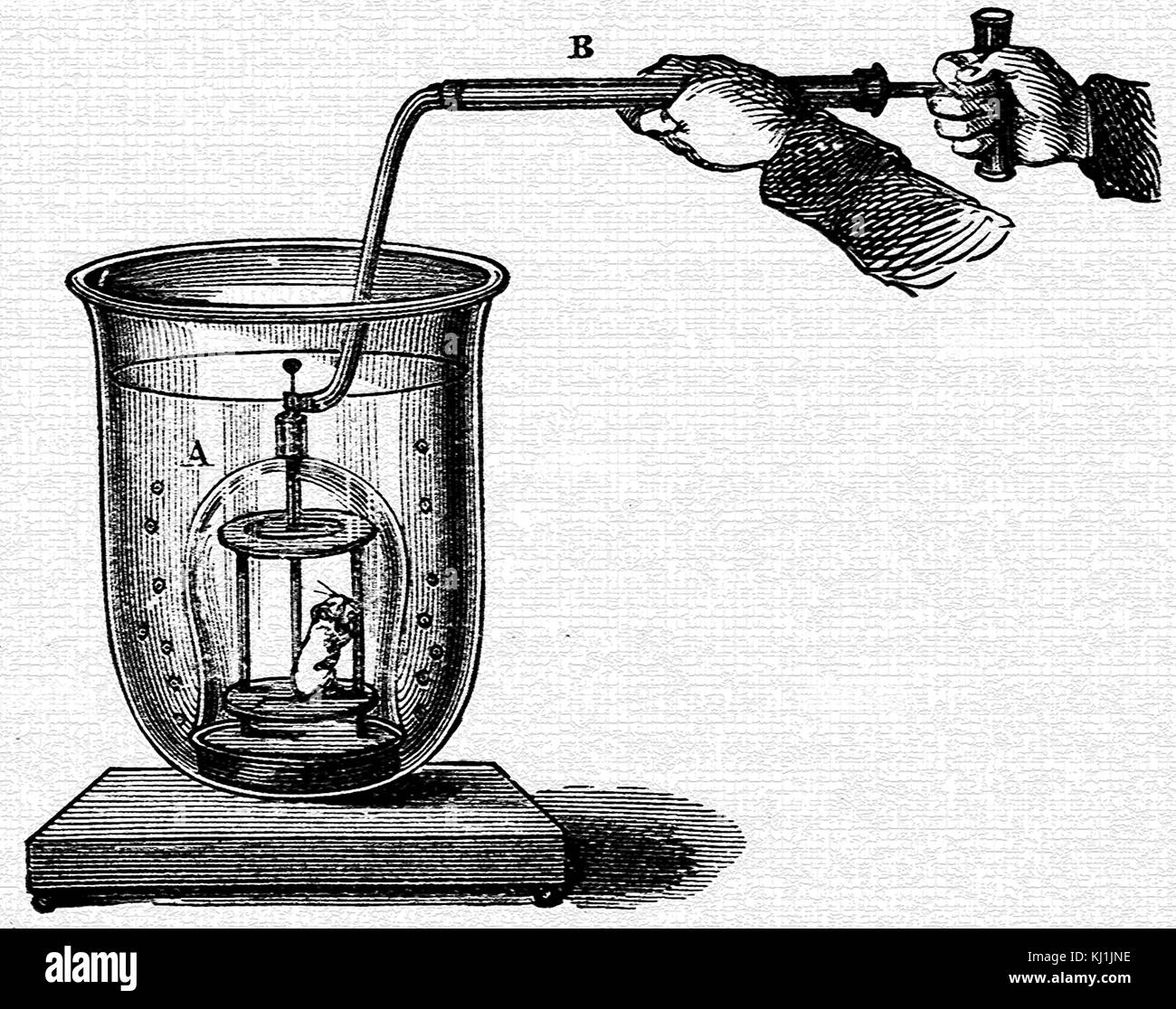 Kupferstich mit der Darstellung eines Miniatur Taucherglocke, die zeigen, wie ein brennwertkessel Pumpe Luft auf ein umgedrehtes Schiff umgeben von Wasser liefern können, die überschüssige Luft entweicht als blasen von unten. Vom 19. Jahrhundert Stockfoto