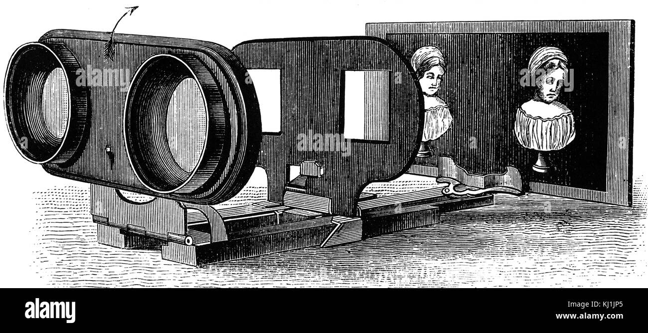 Kupferstich mit der Darstellung eines klappbaren brechenden Stereoskop mit Bild. Vom 19. Jahrhundert Stockfoto