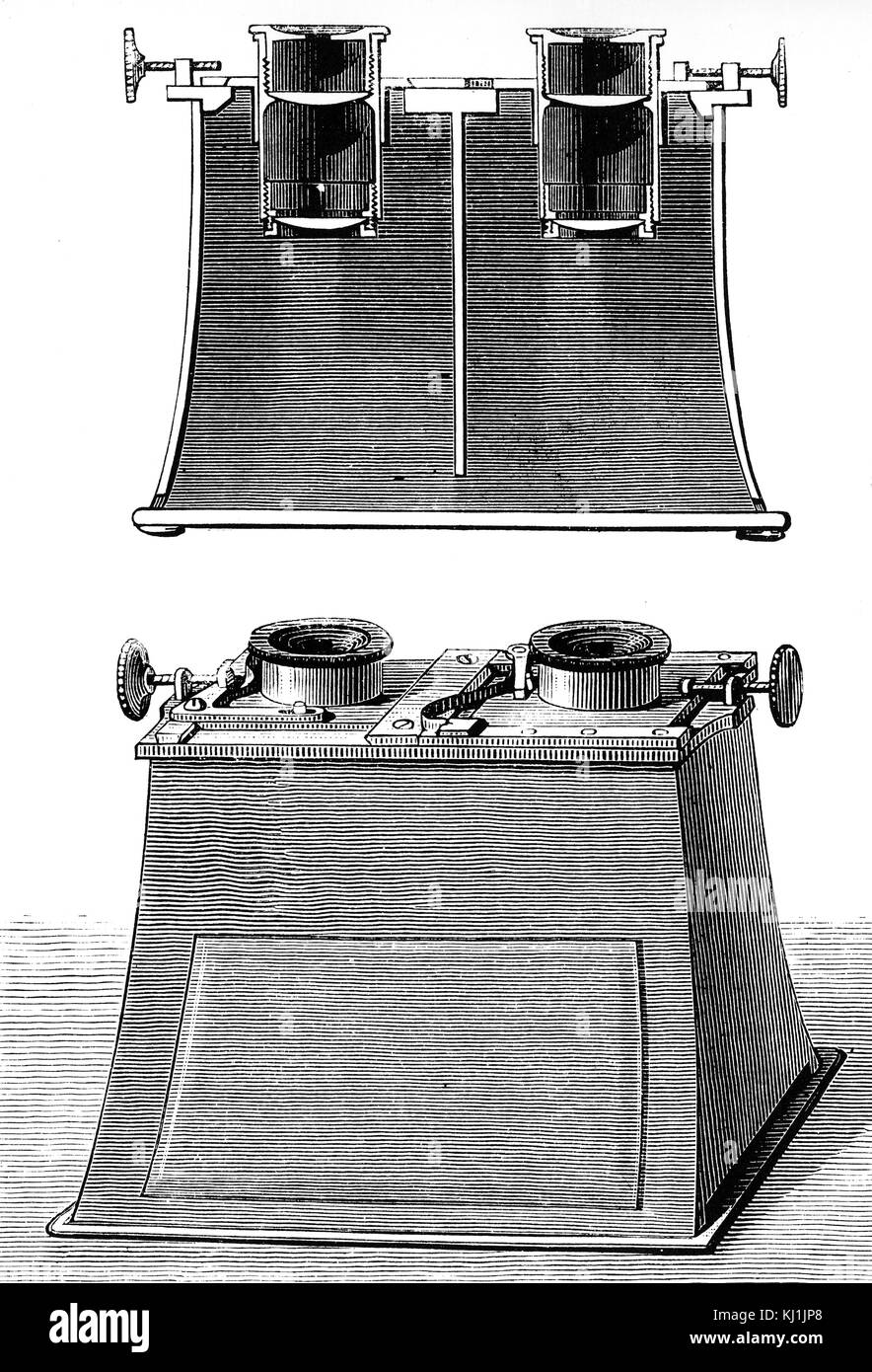 Gravur, Hermann von Helmholtz binocular Stereoskop. Hermann von Helmholtz (1821-1894) Der deutsche Arzt und Physiker. Vom 19. Jahrhundert Stockfoto