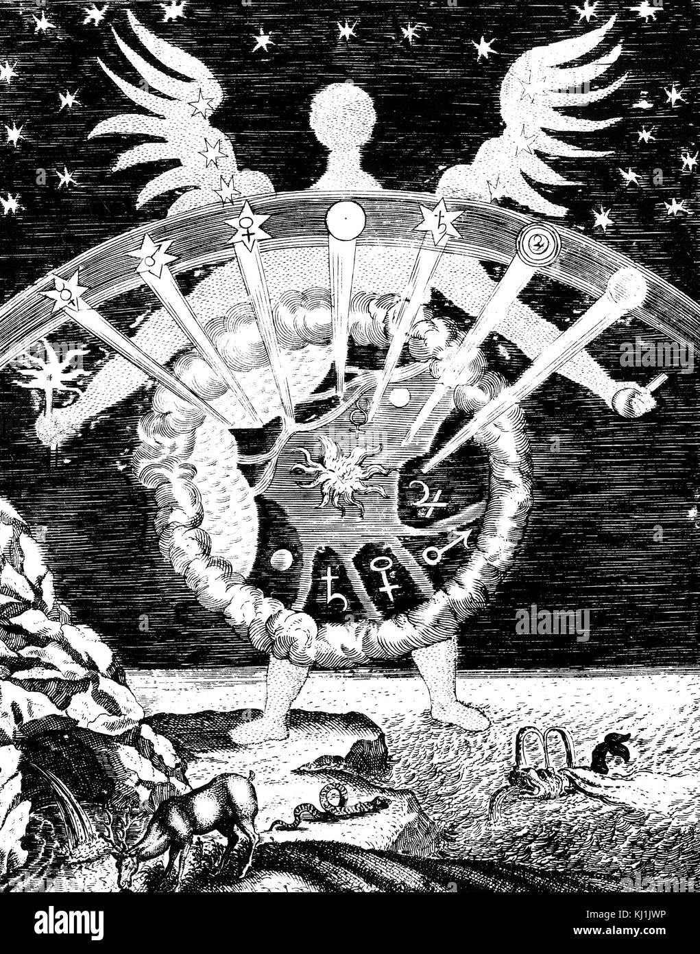 Titelblatt des ersten Buches von 'Magia Naturalis" (Der Ursachen von wunderbaren Dingen), zeigen die vier Elemente (Feuer, Wasser, Erde, Luft) und die sieben Planeten mit ihren zugehörigen Körpersäfte. Vom 16. Jahrhundert Stockfoto