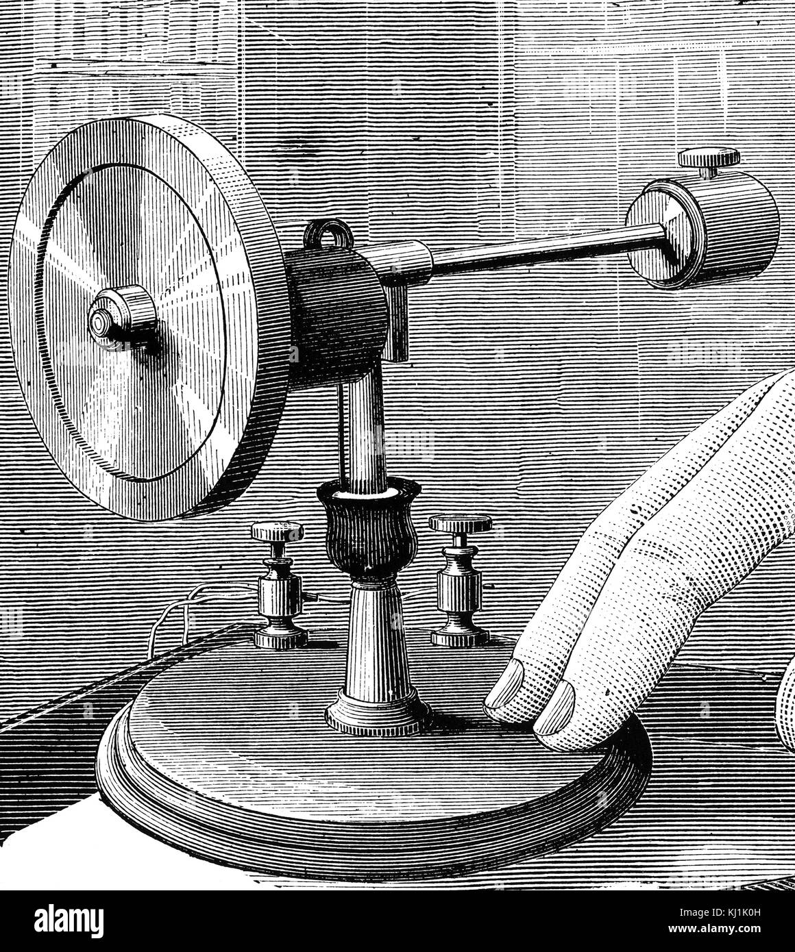 Gravur mit einem elektrischen Kreisel, ein Gerät, bestehend aus einem Rad oder Scheibe montiert, so dass es schnell um eine Achse, die sich kostenlos in Richtung zu ändern drehen können. Vom 19. Jahrhundert Stockfoto