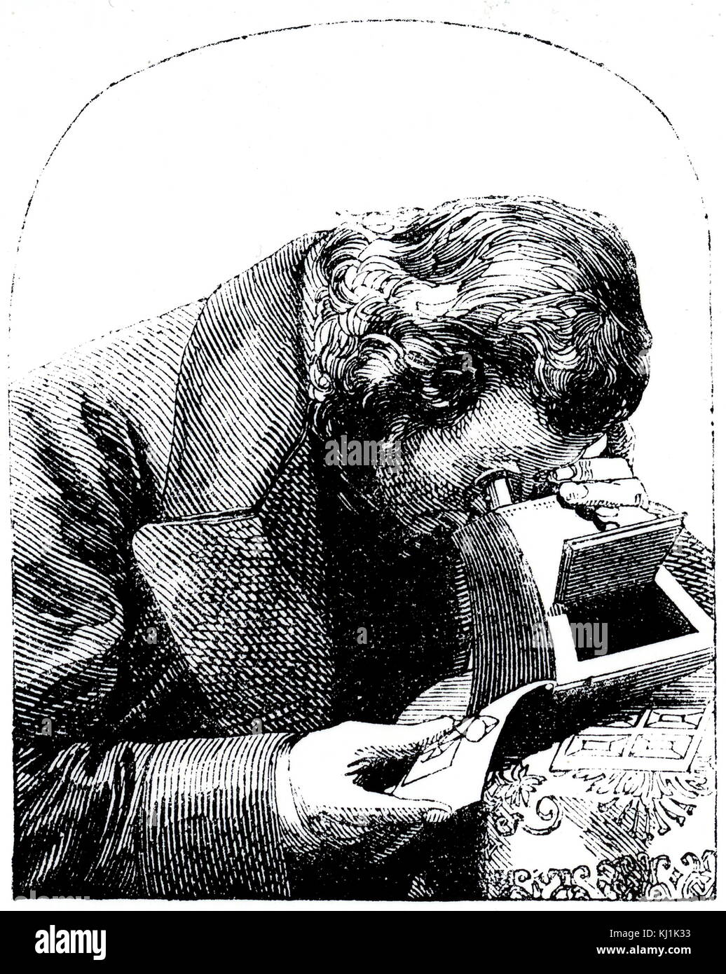 Kupferstich mit der Darstellung eines Stereoskop. Ein stereoskop ist ein Gerät für die Anzeige einer stereoskopischen zwei getrennte Bilder, Links Darstellung - und das rechte Auge Ansichten der gleichen Szene, als ein dreidimensionales Bild. Vom 19. Jahrhundert Stockfoto