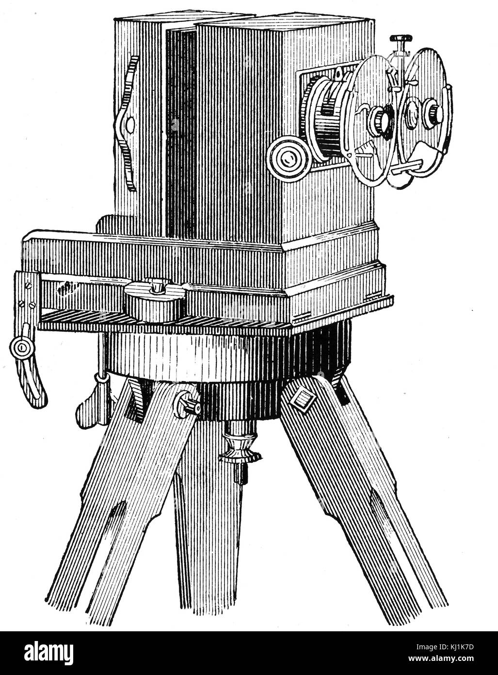 Gravur mit einem frühen stereoskopische Kamera auf einem Stativ montiert. Diese Art der Kamera hat zwei oder mehr Linsen mit einem separaten Bild Sensor oder Film Frame für jedes Objektiv. Vom 19. Jahrhundert Stockfoto