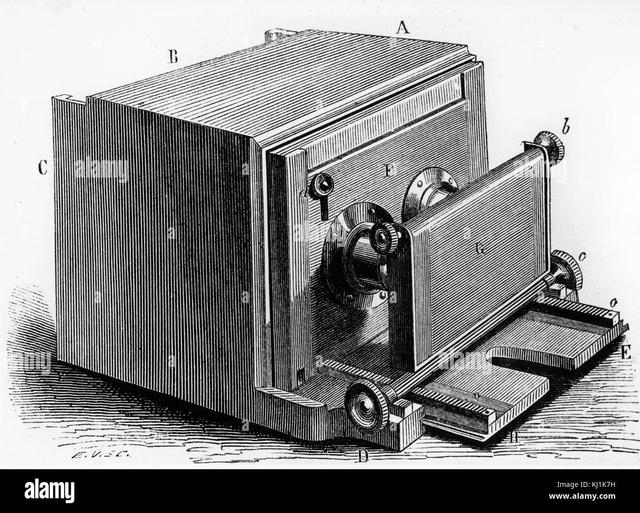 Gravur Darstellung einer 3D-Kamera mit einem Verschluss im vorderen der beiden Objektive. Vom 19. Jahrhundert Stockfoto