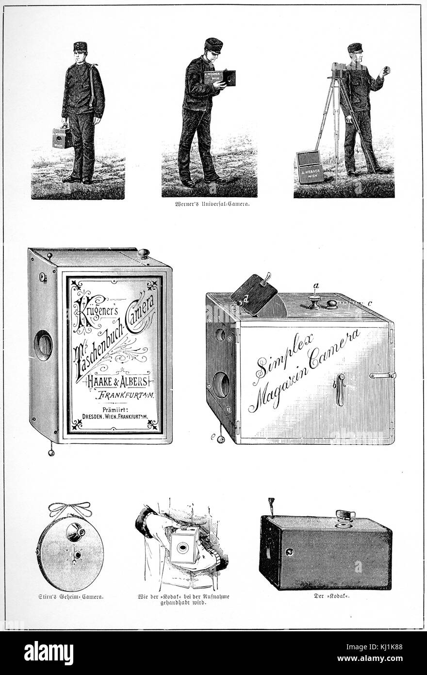 Gravur, die verschiedene Arten von frühen Kameras für den Amateur Fotograf einschließlich, unten Mitte und Rechts, der Kodak-Kamera. Vom 19. Jahrhundert Stockfoto