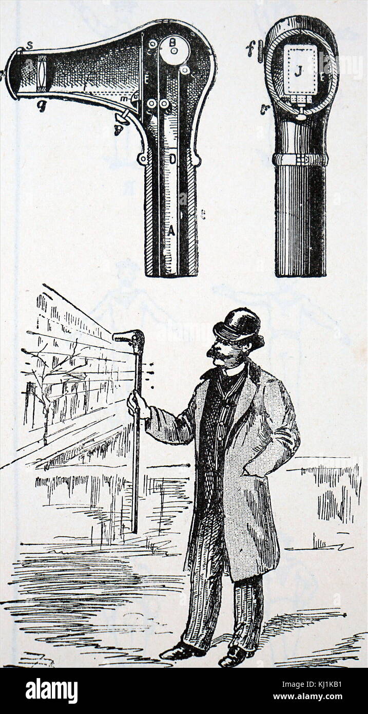 Kupferstich mit der Darstellung eines walking stick Kamera. Ein Band der Film geht um die Riemenscheibe (B), die durch eine Taste (f). Um eine Aufnahme zu machen die Kappe vor der Linse (q) wird geöffnet, und die Aufnahme wird durch Drücken auf den Drehknopf (p). Vom 19. Jahrhundert Stockfoto