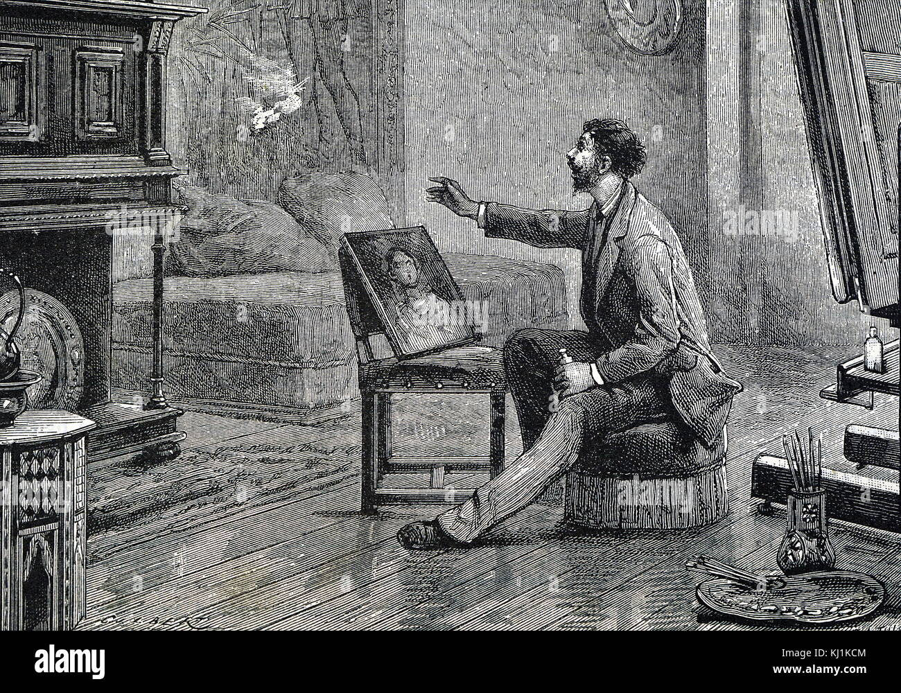 Gravur, ein Fall von Selbstentzündung. Ein Künstler rieb ein frisch lackiert Malen mit einem Pad aus Baumwolle. Wenn er warf die Baumwolle weg es ging in Flammen auf. Vom 19. Jahrhundert Stockfoto