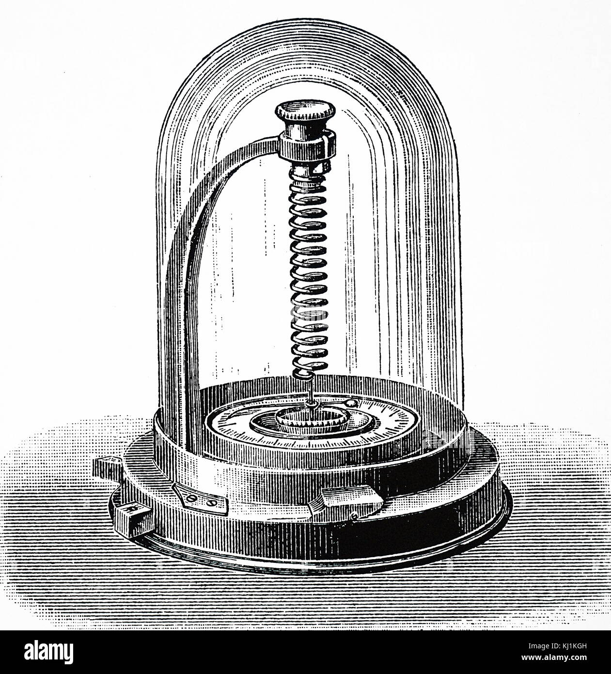 Gravur, eine Breguet Thermometer. Eine Breguet Thermometer, auch eine Spirale Thermometer, ist eine Art von Thermometer, der Ausbau von Metall verwendet unter Hitze eine Messung sensibler zu produzieren, und mit einem höheren Bereich, als sowohl Quecksilber und Thermometer. Vom 19. Jahrhundert Stockfoto
