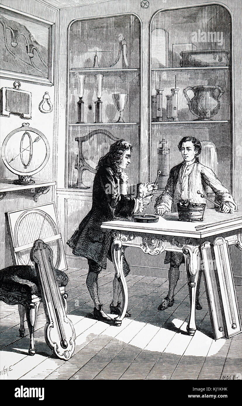 Gravur, René Antoine Ferchault de Réaumur Bau ein Thermometer. René Antoine Ferchault de Réaumur (1683-1757), ein französischer Wissenschaftler. Vom 19. Jahrhundert Stockfoto