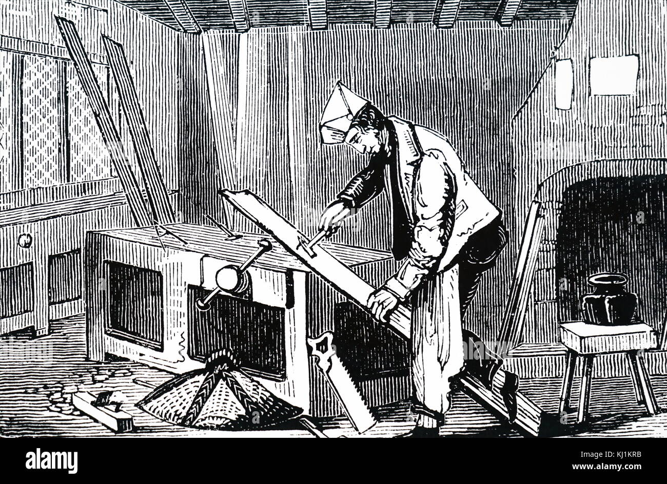 Kupferstich mit der Darstellung eines Tischlers Zeichnung einen Nagel in ein Brett mit einem Kratzte Hammer als Hebel verbogen. Vom 19. Jahrhundert Stockfoto