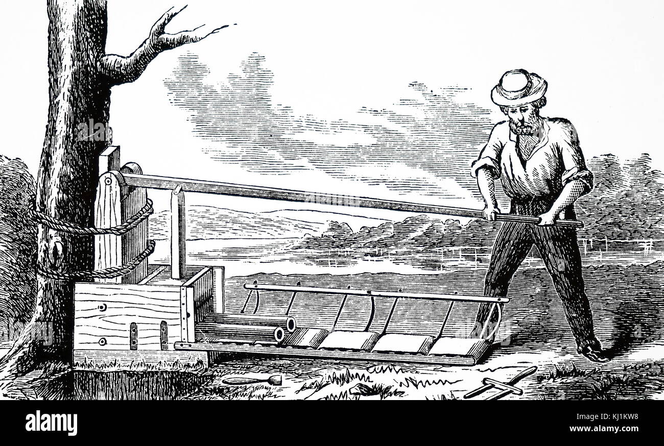 Kupferstich mit der Darstellung eines einfachen, preiswerten Maschine in der Lage, 3.000 ablassrohre pro Arbeitstag. Vom 19. Jahrhundert Stockfoto