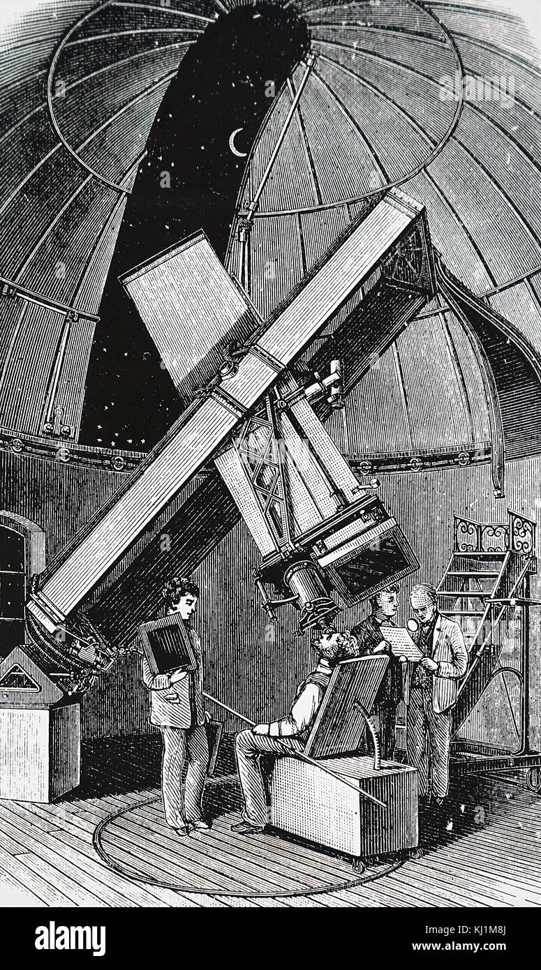Kupferstich mit der Darstellung der fotografischen Teleskop innerhalb des Pariser Observatorium. Vom 19. Jahrhundert Stockfoto