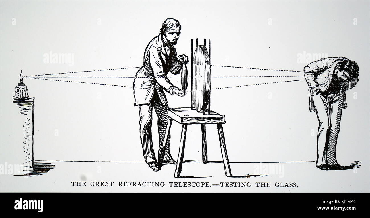 Kupferstich mit der Darstellung der Prüfung von Glas für die 26-Zoll Refraktor gebaut von alwan Clark. Alwan Clark (1804-1887), ein amerikanischer Astronom und Teleskop. Vom 19. Jahrhundert Stockfoto