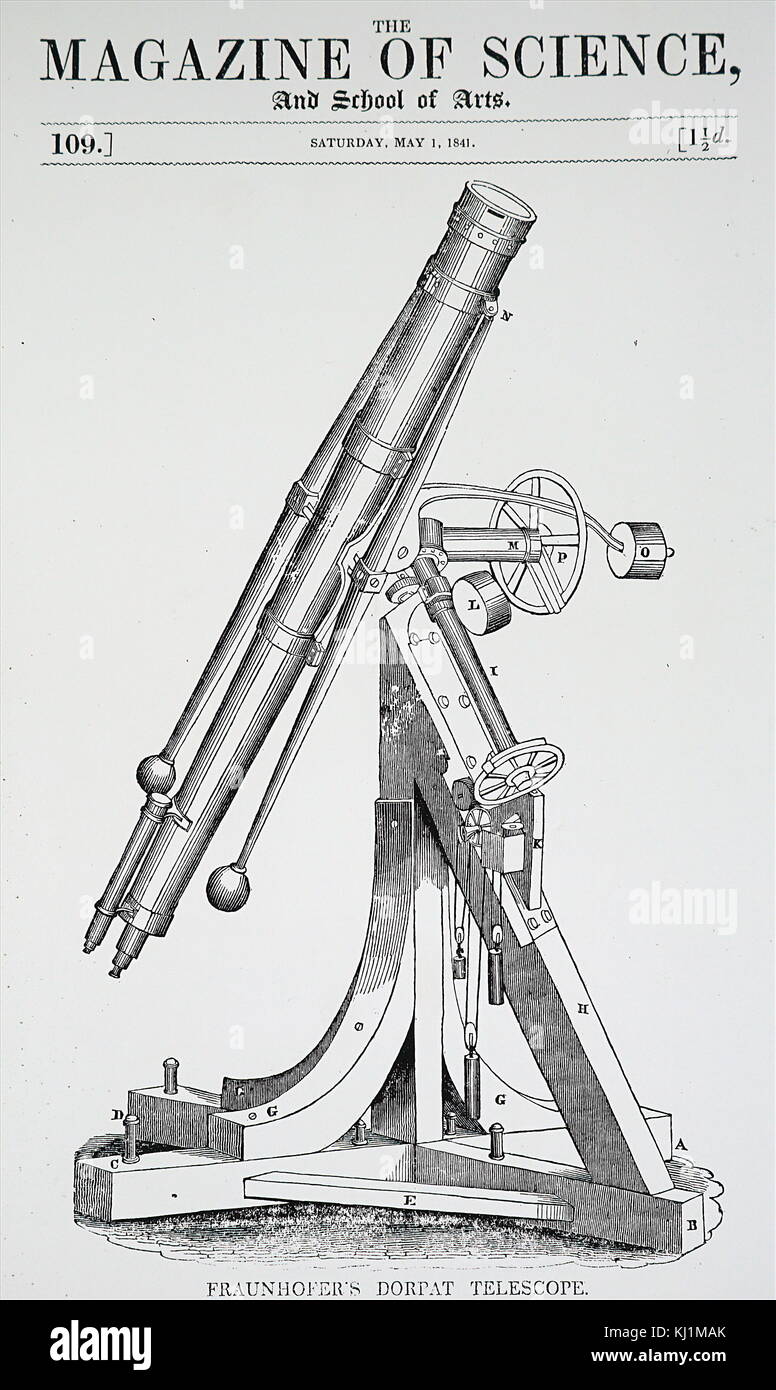 Gravur zeigen einen Refraktor von Joseph von Fraunhofer (1787-1826) ein Deutscher Physiker gebaut. Vom 19. Jahrhundert Stockfoto