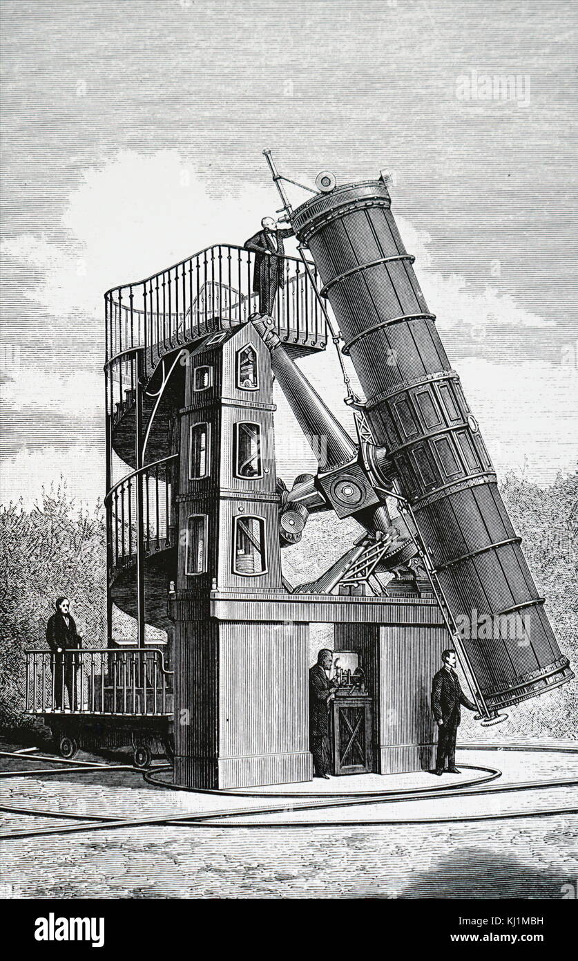 Gravur mit dem Teleskop der Sternwarte in Paris. Vom 19. Jahrhundert Stockfoto