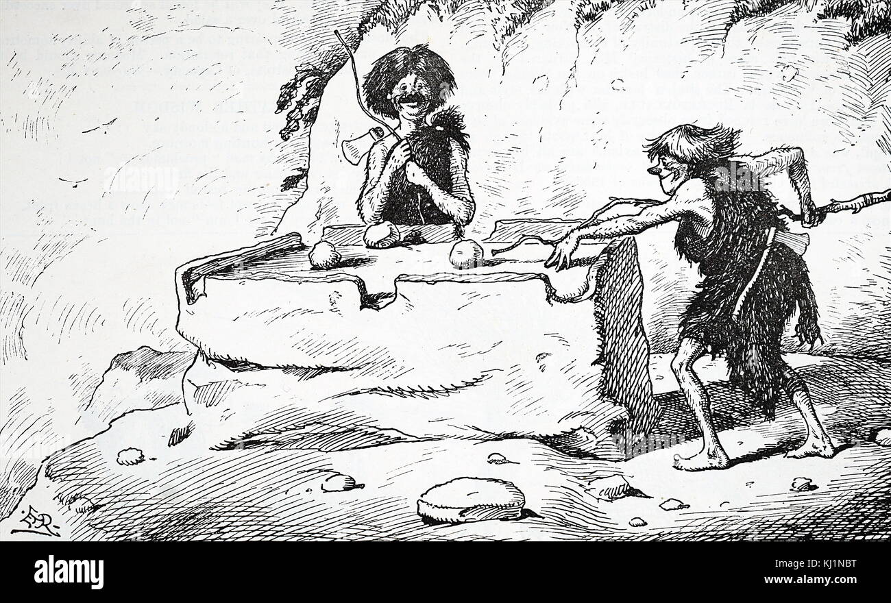 Cartoon, Höhlenbewohner spielen Pool auf einem primitiven Tabelle und Felsen als Kugeln. Vom 19. Jahrhundert Stockfoto