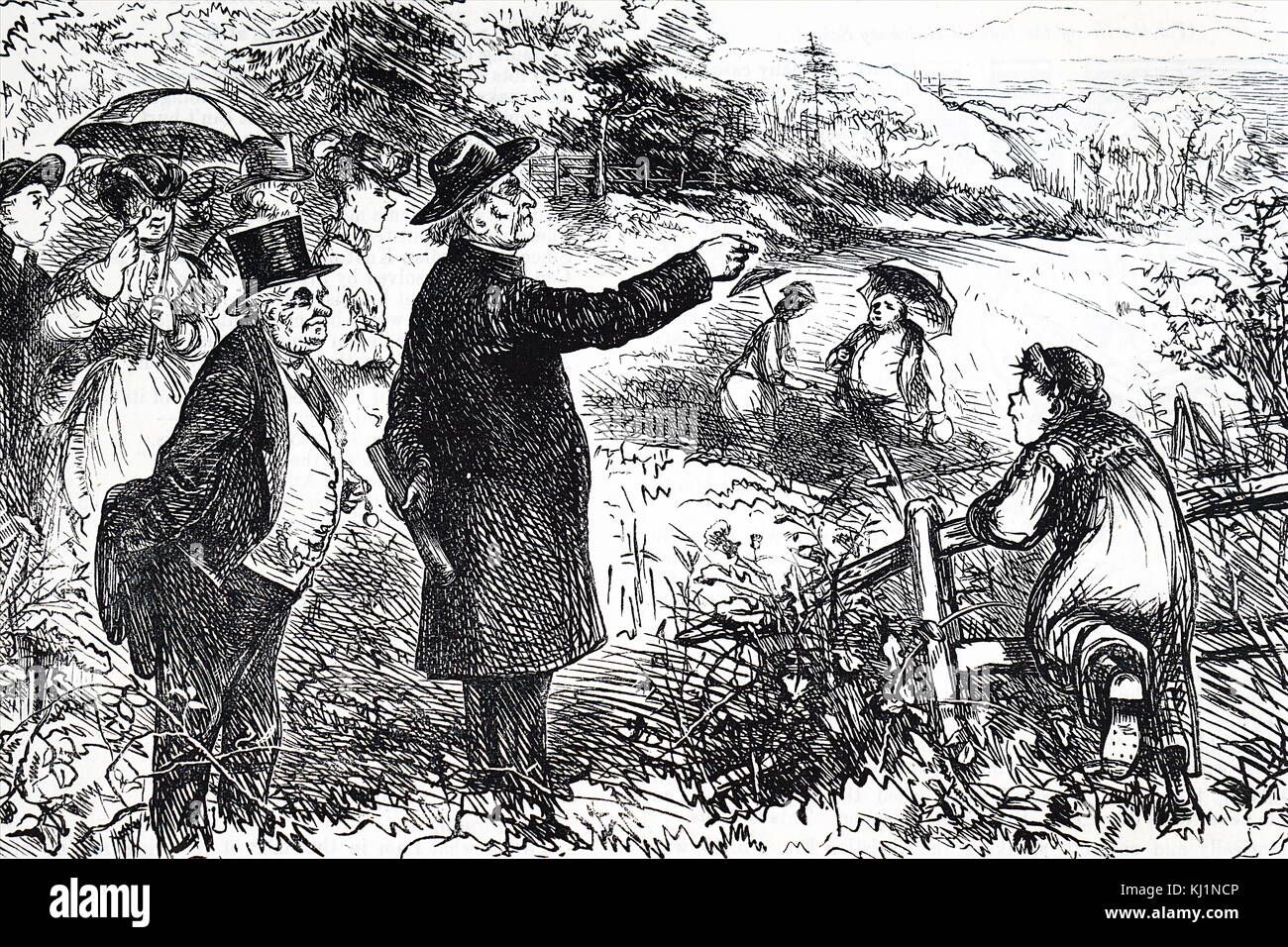 Cartoon mit der Darstellung eines viktorianischen Pfarrer ausschelten hobbyarchäologen wie Sie jagen für Artefakte in einem Feld 1870 Stockfoto